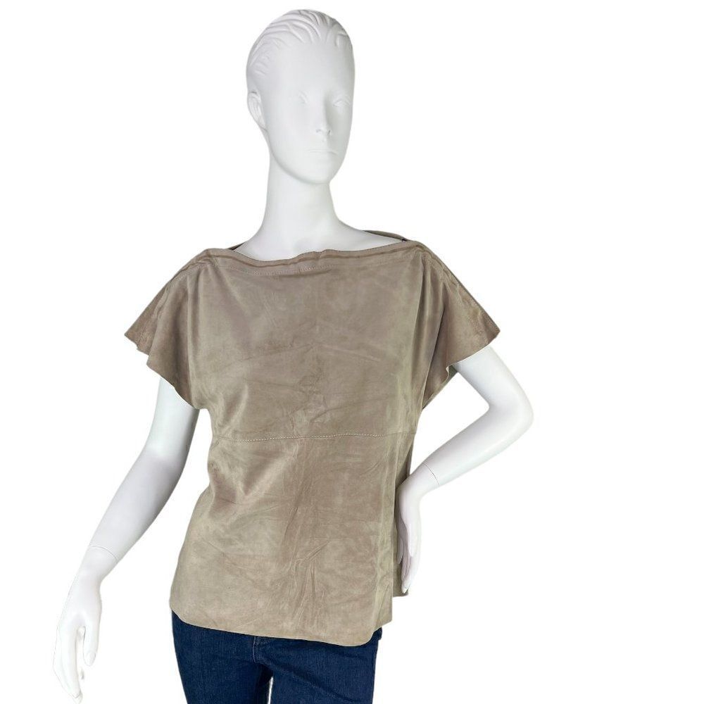 Gentry Portofino Italy Tan Suede Leather Snap Cap Sleeve Top Size IT 44, US Sz M